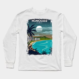 Honolulu Hawaii Travel Poster at Night Long Sleeve T-Shirt